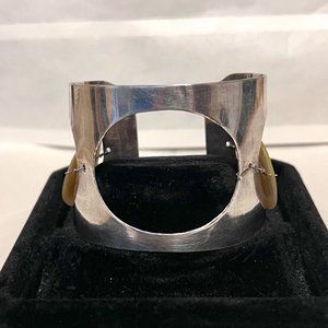 Vintage Artisan Modernist 925 Sterling Silver Mexico & Shell Cuff Bracelet